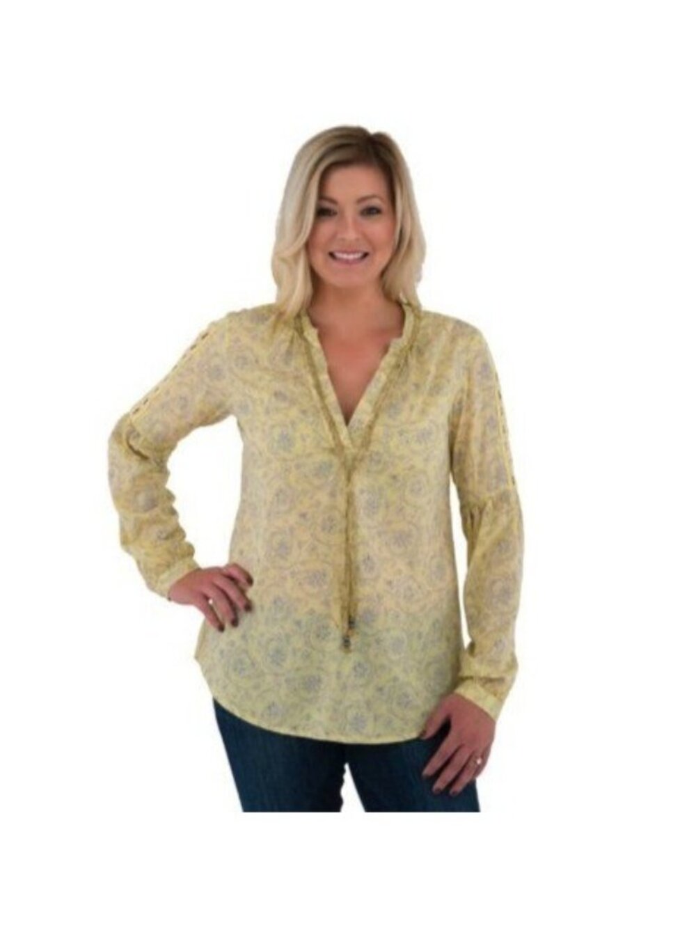 NWT Noble Outfitters XS Shirt Yellow Paisley Shirt Folk Lace Peasant Cottagecore